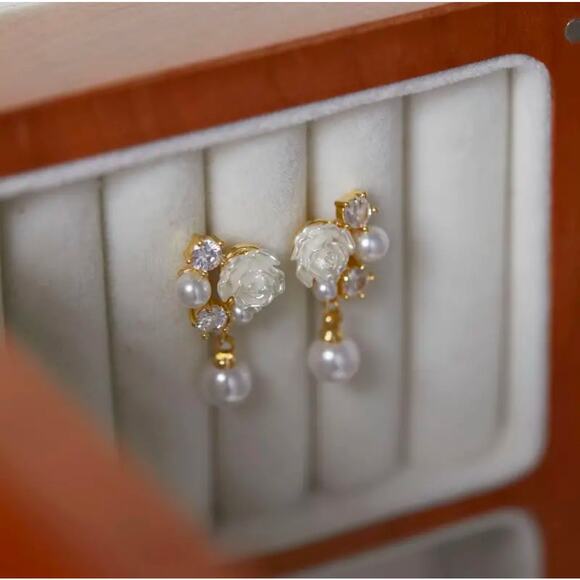 Elegant Floral Pearl Zirconia Stud Earrings, Bouquet Crystal Accent Earrings - Picture 1 of 9